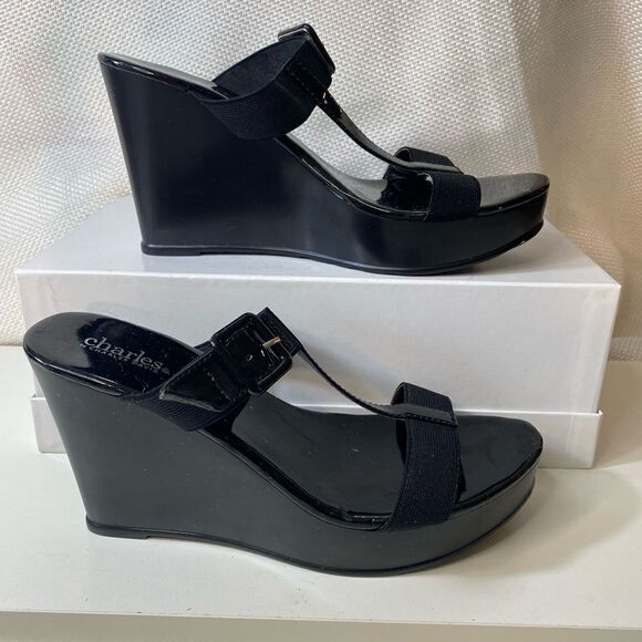 Charles by Charles David patient leather platform wedge t strap elastic sandals - Picture 3 of 8